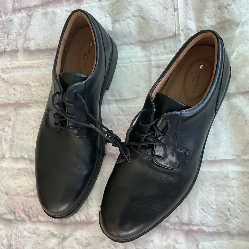 Unstructured By Clarks Black Leather Oxfords Lace Up Men’s With Polished Finish
